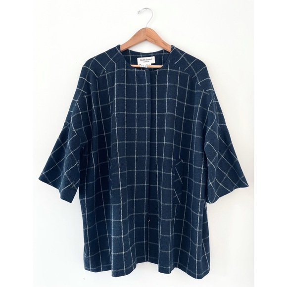 HELENE BERMAN LONDON 🍁 WOOL BLEND KIMONO COAT NAVY & WHITE LARGE CHECK - Picture 3 of 15